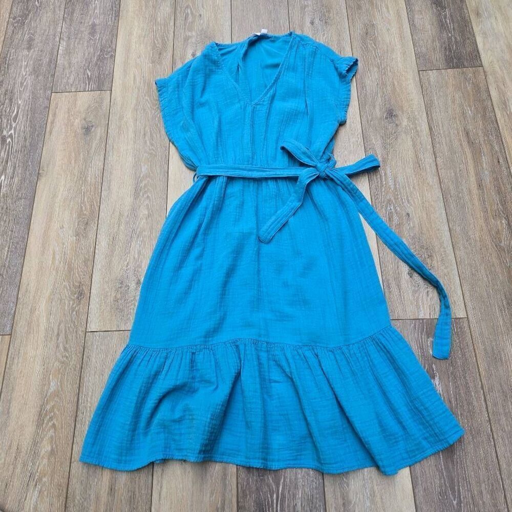 Gap blue freeze gauze  tied waist tiered dress vneck short sleeve med lightweigh